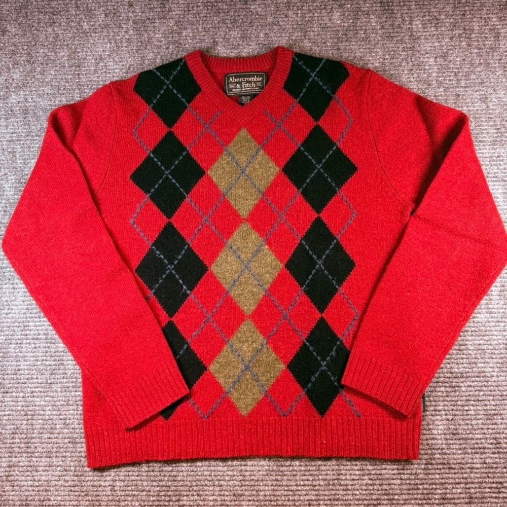 Abercrombie & Fitch Vintage Red Argyle‎ Shetland Wool V-Neck Sweater Mens Large